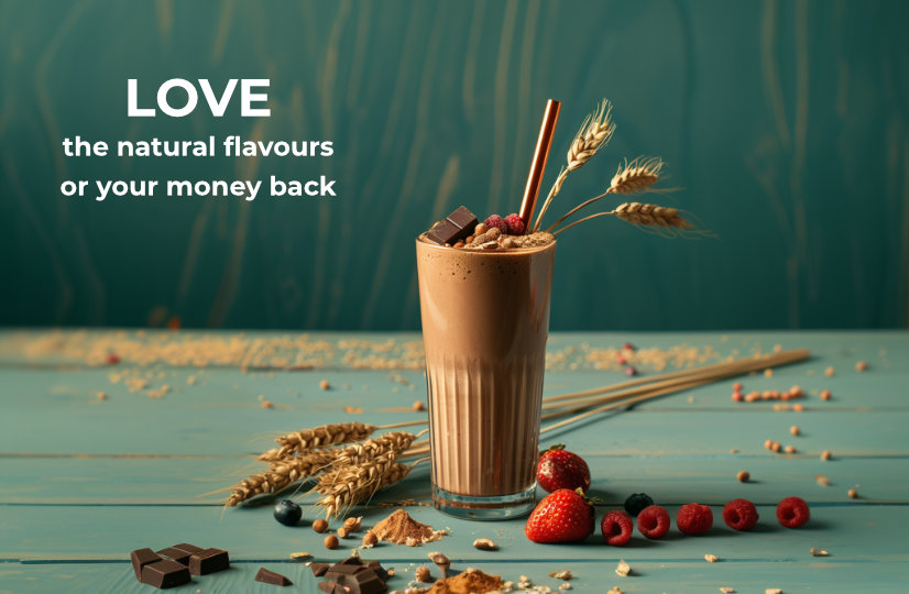 Complete Meals 14 A glass of Queal shake with natural ingredients such as wheat, berries, and chocolate on a wooden surface. Text reads, "LOVE the natural flavours or your money back."