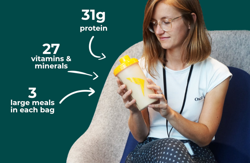 Complete Meals 1 Woman sitting and holding a Queal shaker with text highlighting 35g protein, 27 vitamins & minerals, and 3 large meals in each bag.