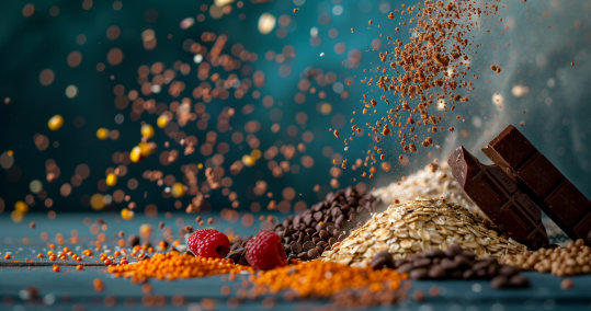 Home 3 A variety of Queal ingredients including oats, chocolate chunks, lentils, raspberries, and chocolate chips, with a dynamic background of scattered ingredients.