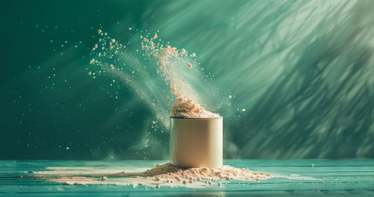Queal Steady Update 4 A scoop of whey protein powder with powder particles dispersing in the air.