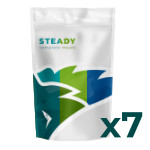 A pouch of Queal Steady complete meals with the text "x7" indicating seven bags available in Steady Standard, Athletic, or Vegan varieties.