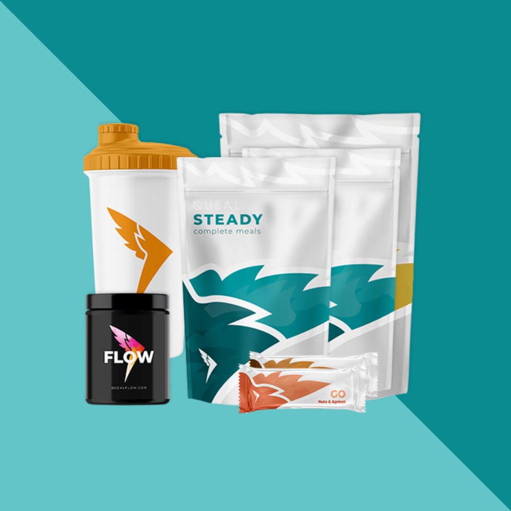 Shop 6 A selection of Queal products including Steady complete meal pouches, a Flow supplement container, a GO protein bar, and a branded shaker with an orange lid, all arranged against a teal and light teal background.