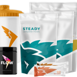 Queal Try Out Deal products including Steady complete meals, Ready-to-drink meal, GO bar, Flow pre-workout, and a shaker bottle.